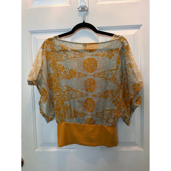 Free People Blouse Women's Size 6 Yellow Floral Boat Neck Short Sleeve Boho Top - Picture 8 of 9
